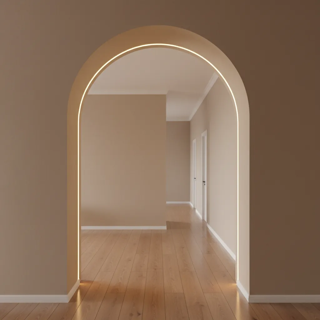 hallway arch with hidden LED lighting highlighting curved opening