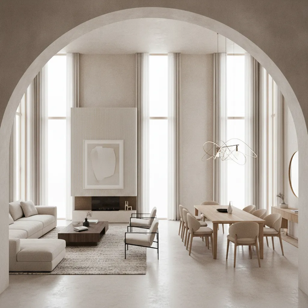 open arch doorway connecting modern dining room and living area
