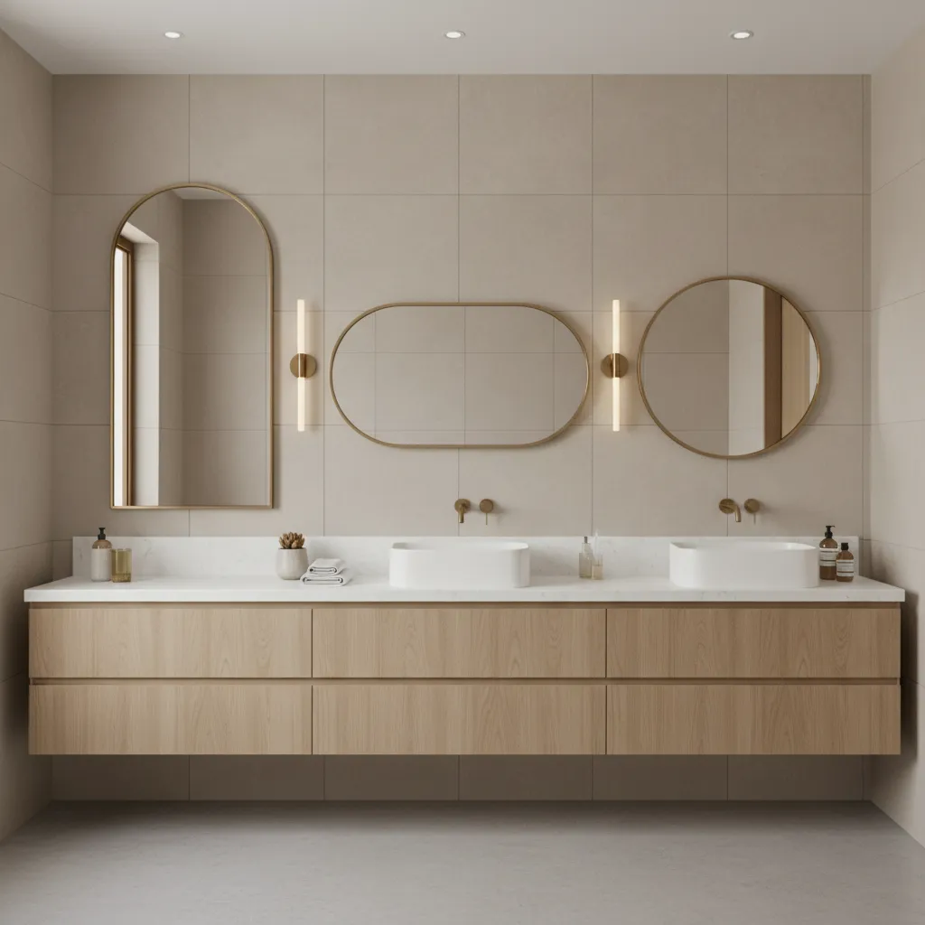 Different mirror shapes including arched oval and round mirrors above bathroom vanities