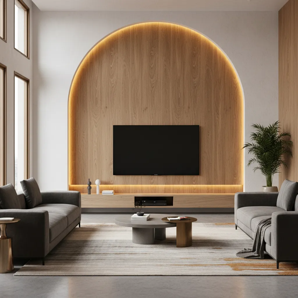 Living room TV wall framed with large wooden arch panel