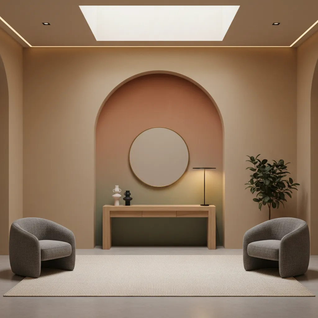 living room wall with soft arch paint design behind console