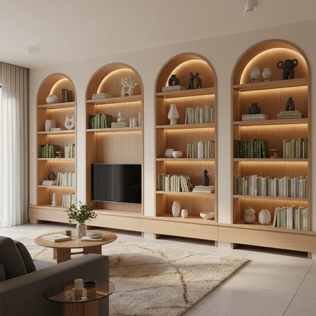 Built in wooden arch shelves in living room wall