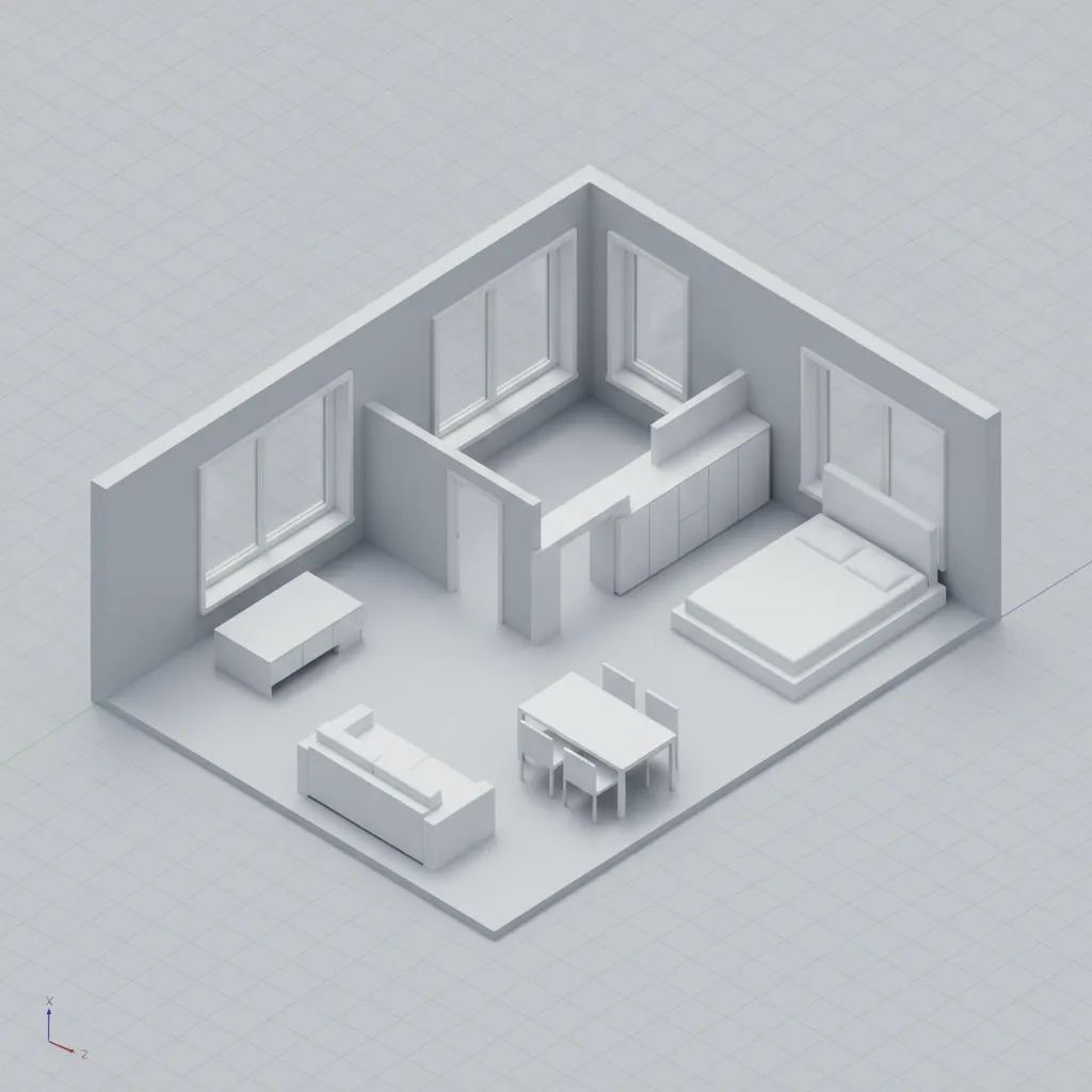 Archicad BIM model showing architectural interior structure before rendering