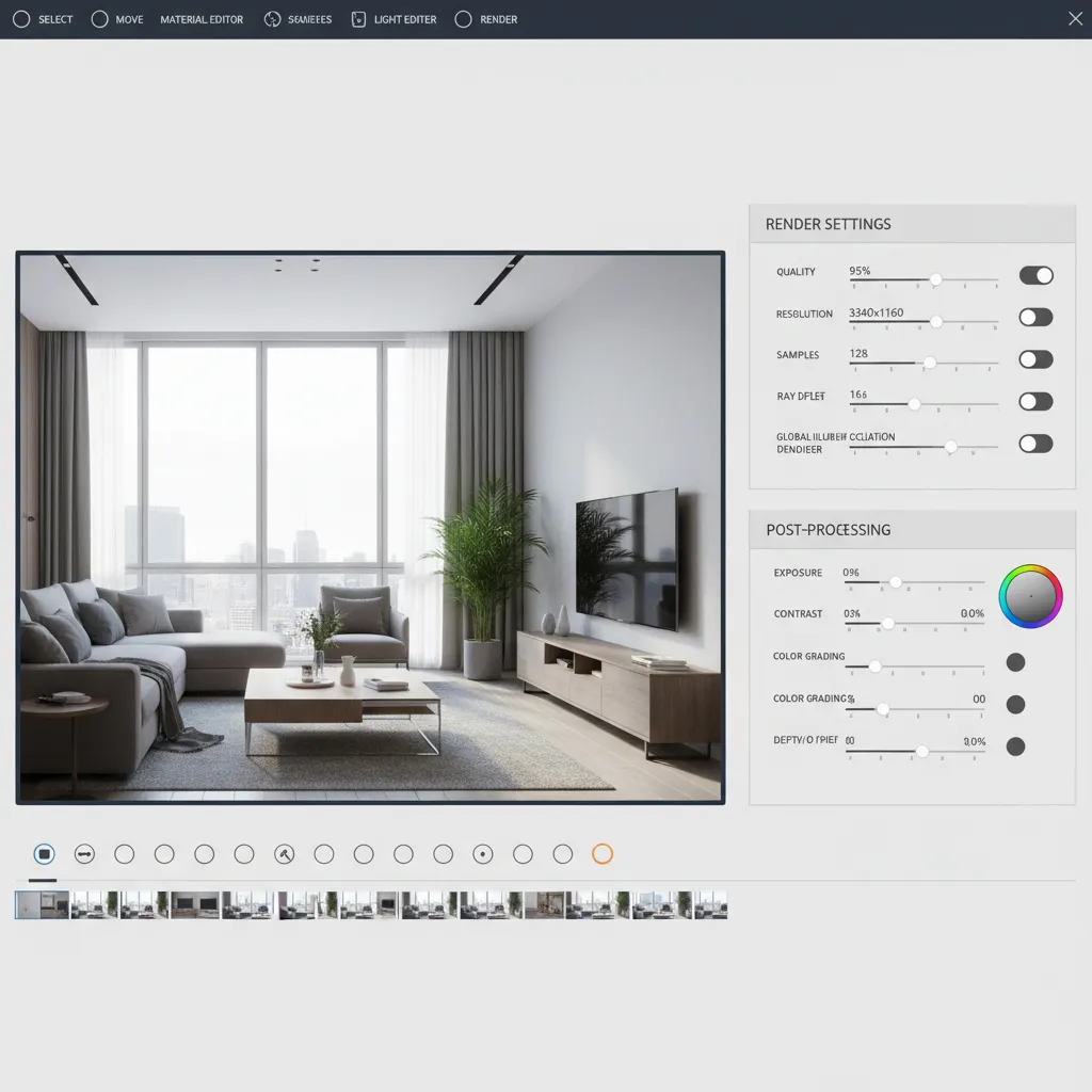 render settings interface with interior preview image illustrating quality adjustments