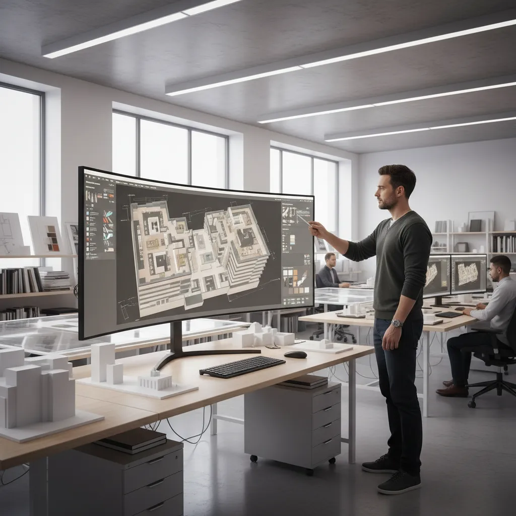 architect reviewing digital 3D floor plan model on large screen in studio
