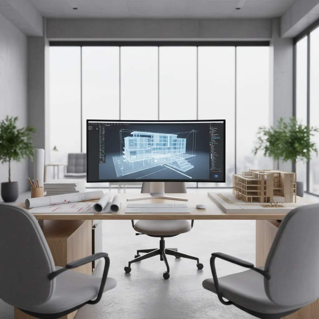 Architectural 3D floor plan model displayed on a workstation