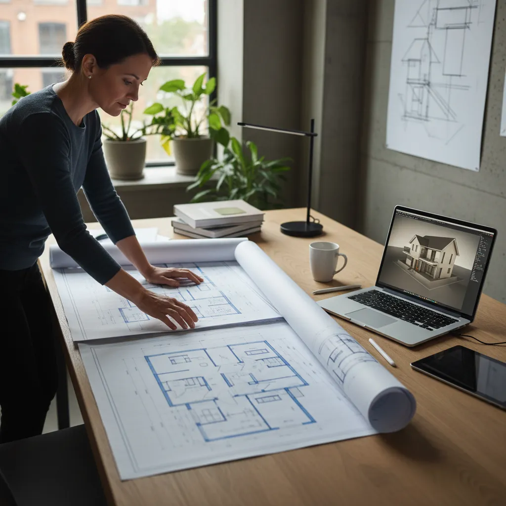 Female designer reviewing floor plans on wooden desk next to laptop showing Coohom house model