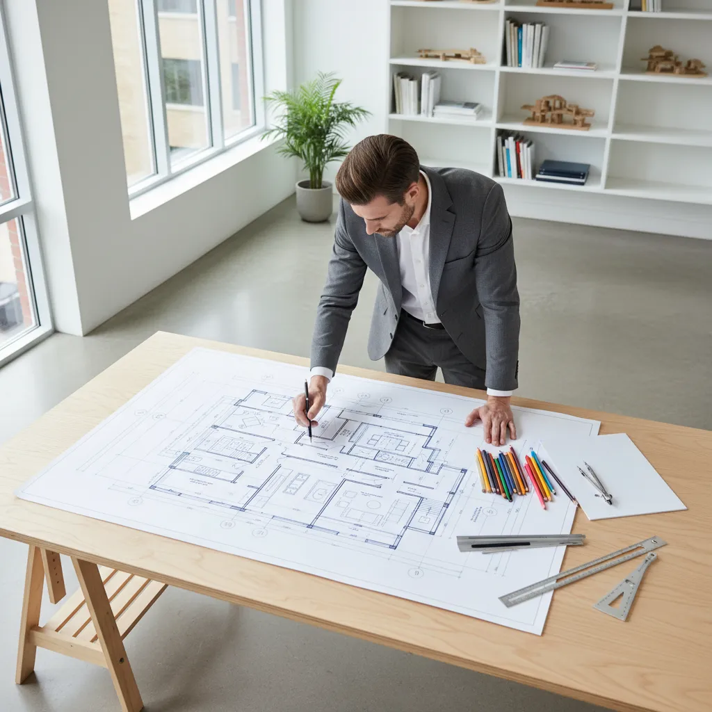 Architect studying a detailed bird’s eye house floor plan layout