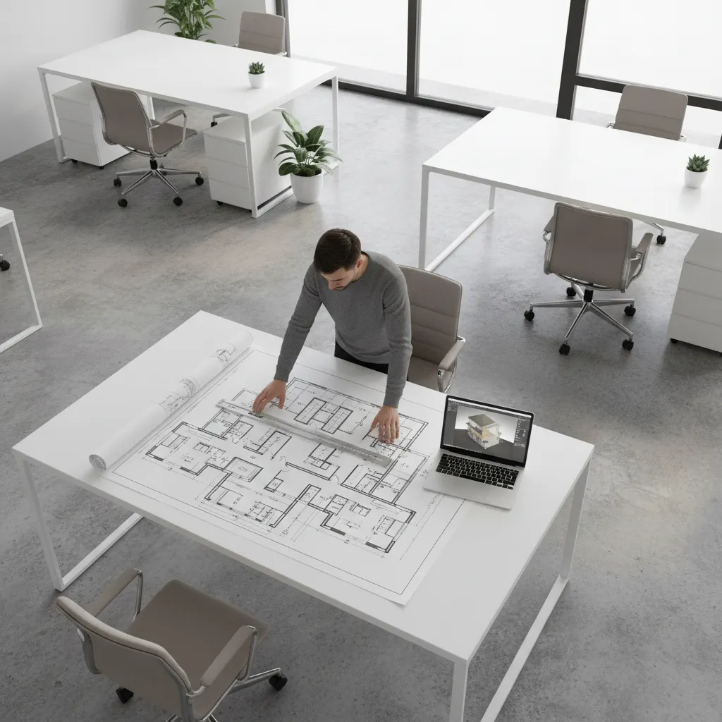 architect reviewing detailed building floor plan drawings on desk