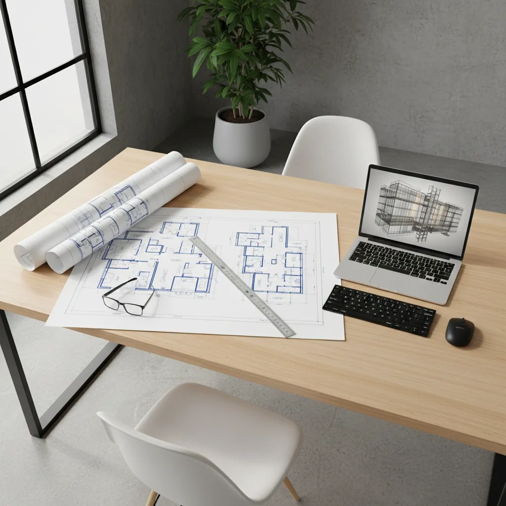 Designer reviewing architectural floor plan before creating 3D elevation model