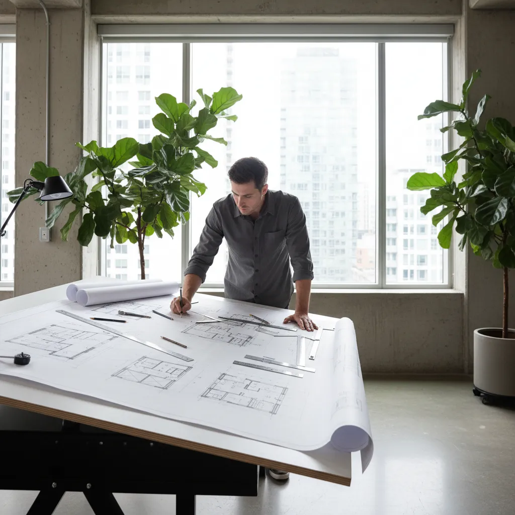 Architect reviewing residential floor plan sketches on desk