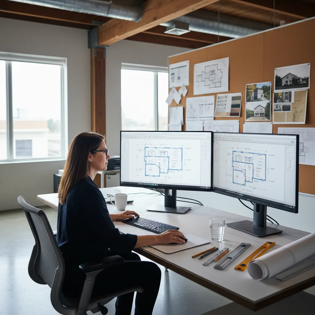 Architect designing a house floor plan using CAD software on dual monitors