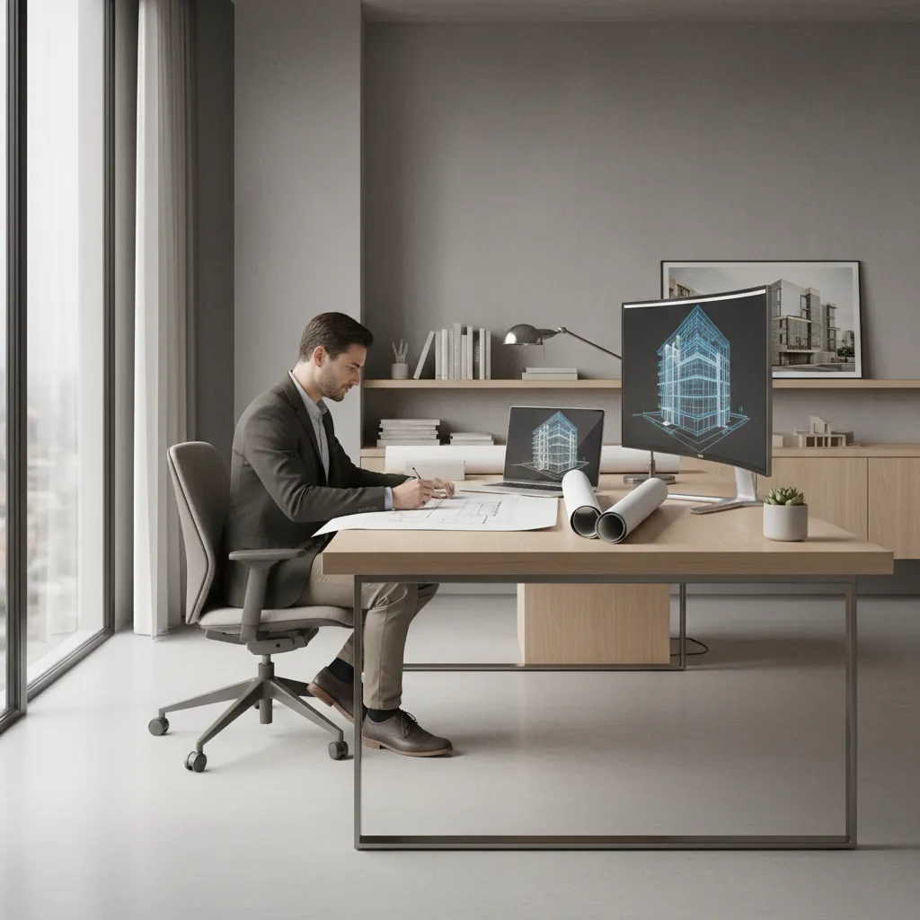 architect reviewing drawings in studio reflecting career salary stagnation discussion