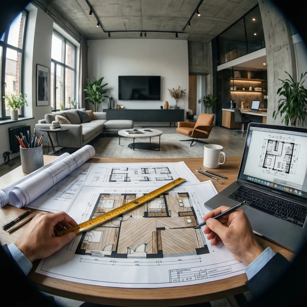 Architect reviewing floor plan measurements and checking building area calculations
