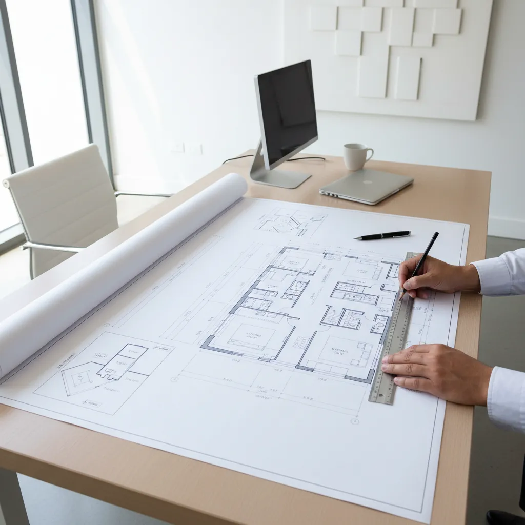 architect examining printed floor plan with scale ruler and measurement notes