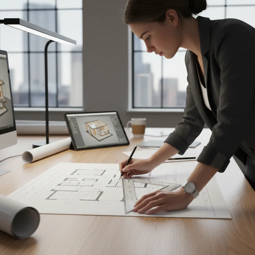 Architect checking floor plan scale using architectural ruler