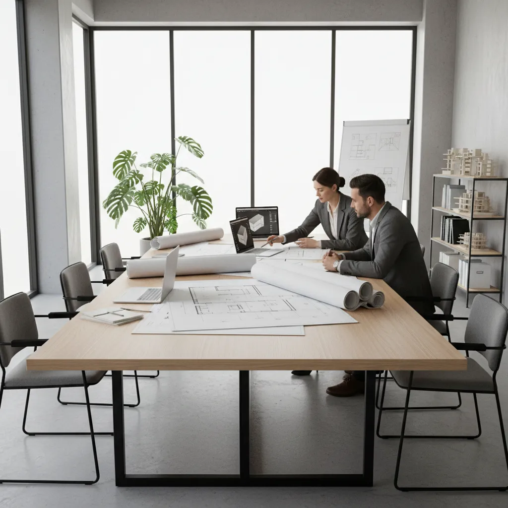 Architect and client reviewing floor plan drawings on a large table