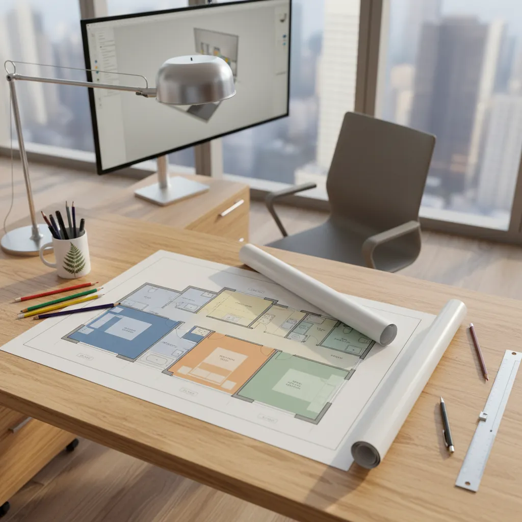 Architectural desk with a color coded floor plan showing multiple room zones