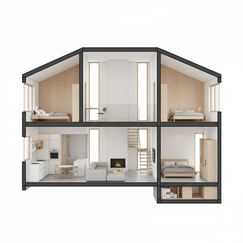architectural section perspective of a compact home showing spatial hierarchy