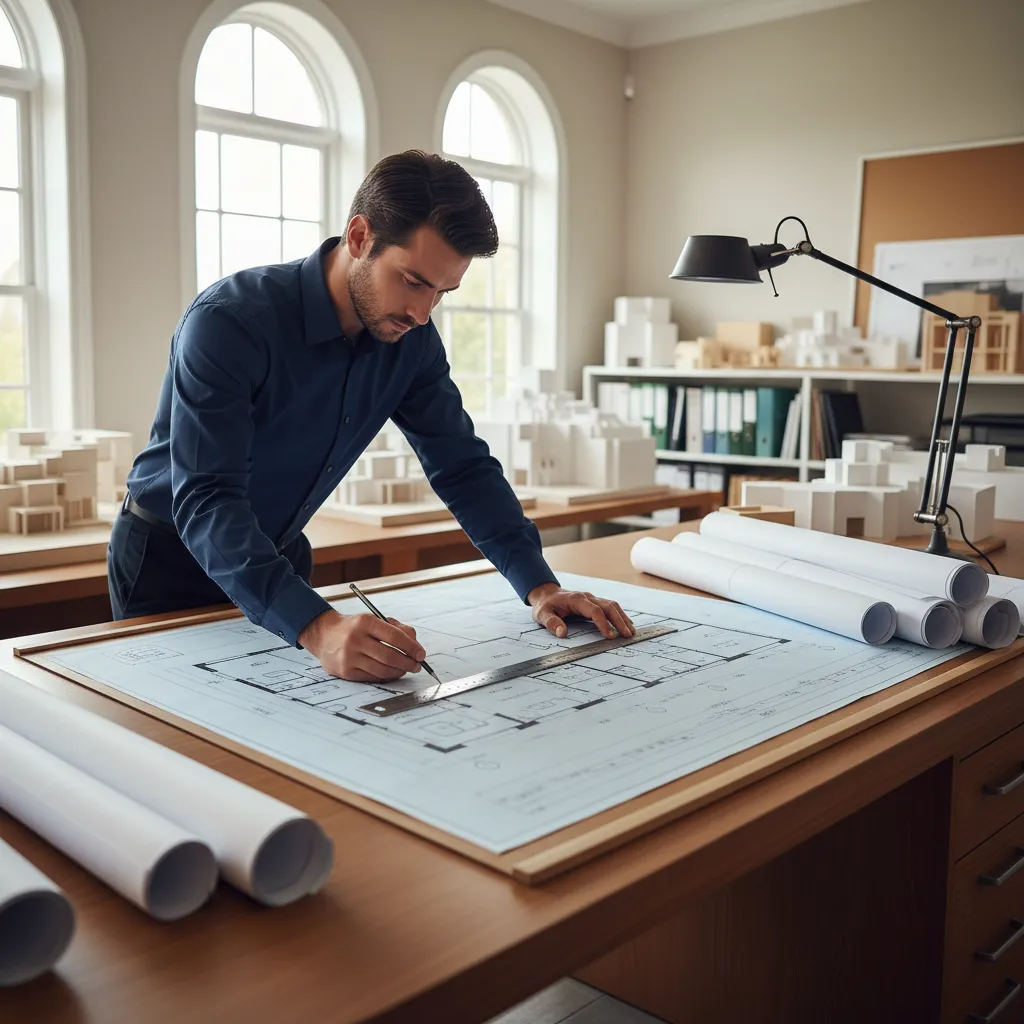 Architect modifying a house blueprint layout with drafting tools