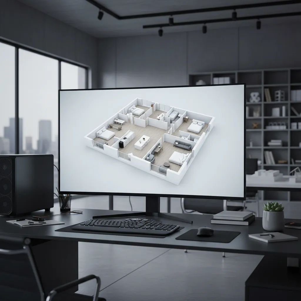 Architect modeling a building layout as a clean 3D floor plan visualization