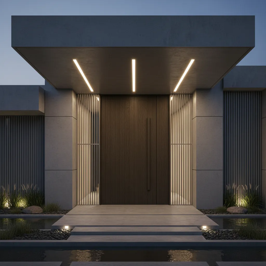 Architect designed modern home entrance with recessed door and lighting
