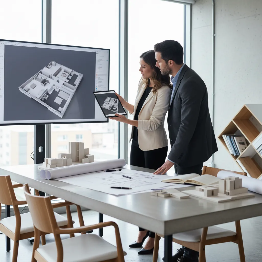 Architect and interior designer reviewing a collaborative 3D floor plan model