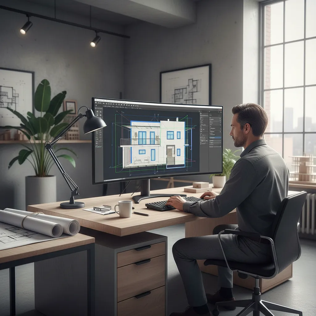 architect creating residential floor plan using professional design software
