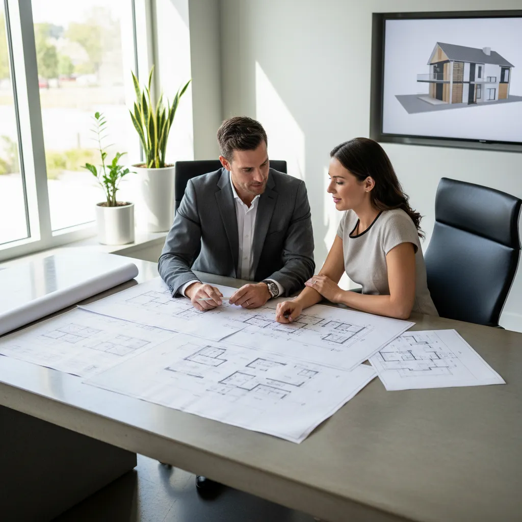 Architect explaining blueprint licensing to homeowner