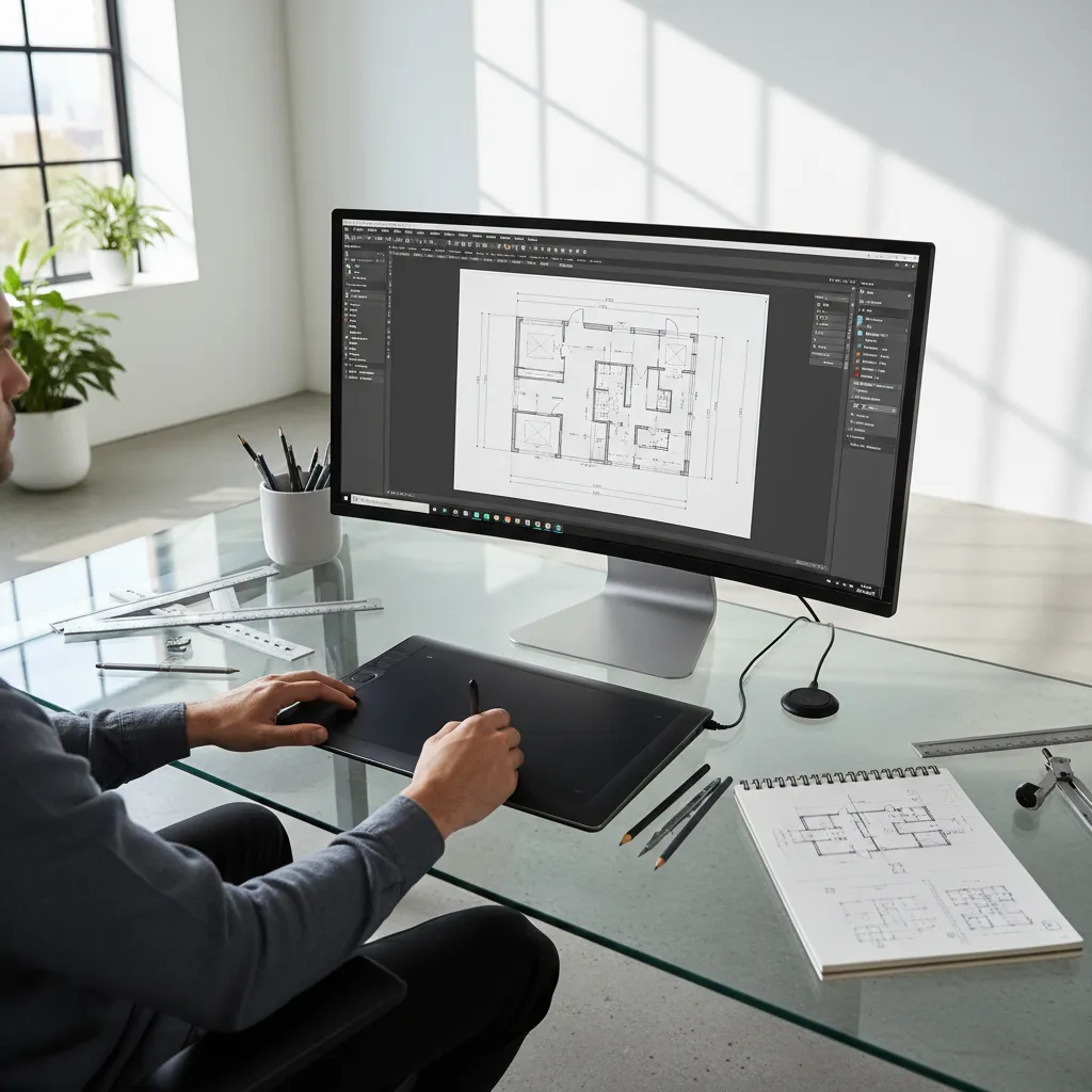 Architect drafting a floor plan on a computer using CAD software