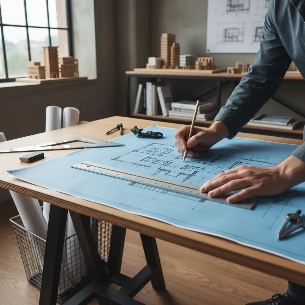 Architect sketching an interior design drawing on blue paper with a ruler pencil and compass