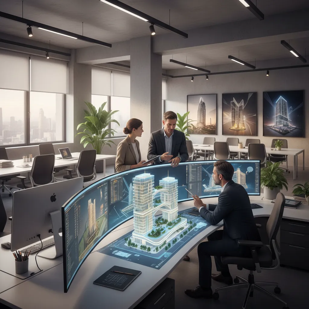 Architects and engineers collaborating with 3D building models