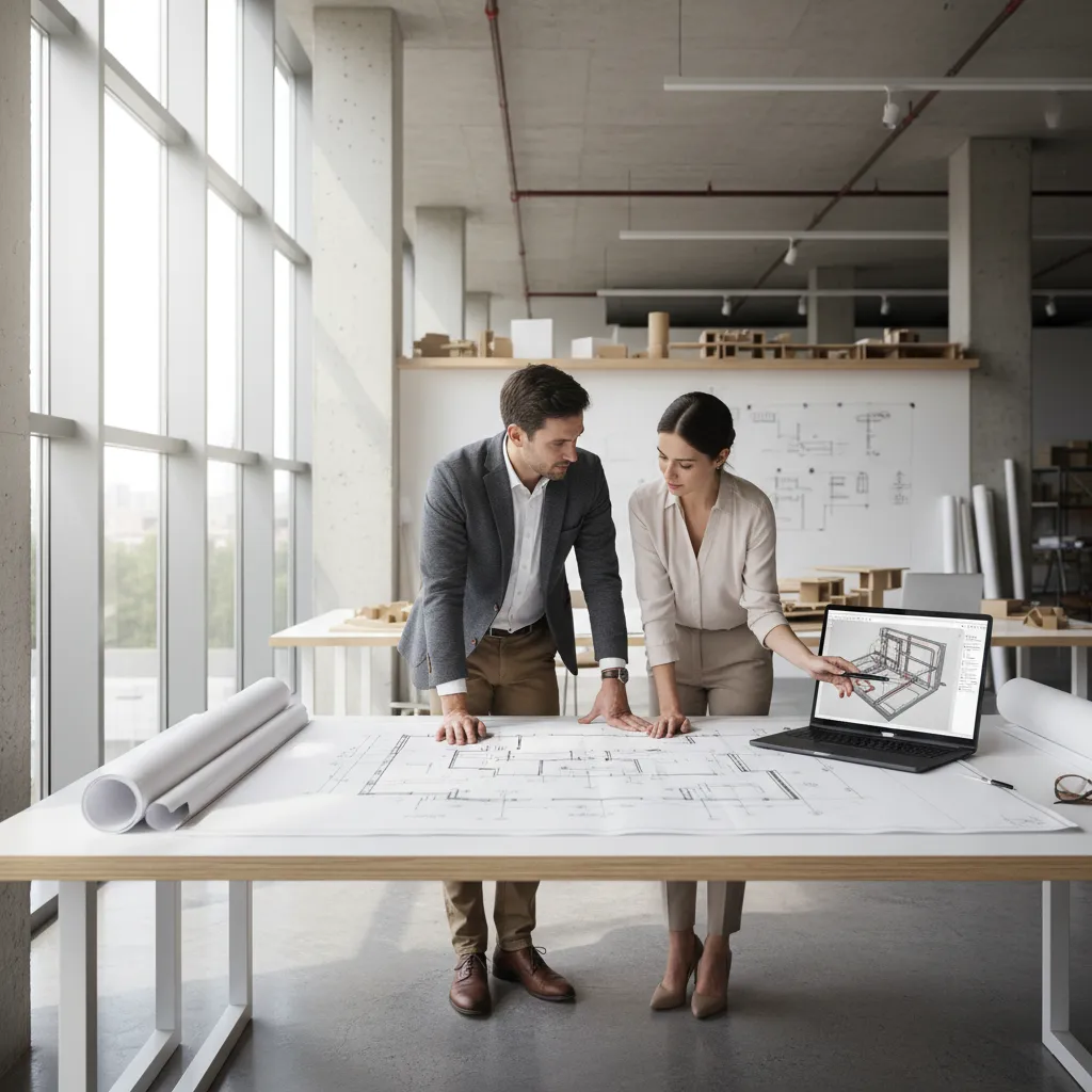 Architect and electrical engineer reviewing floor plan drawings together
