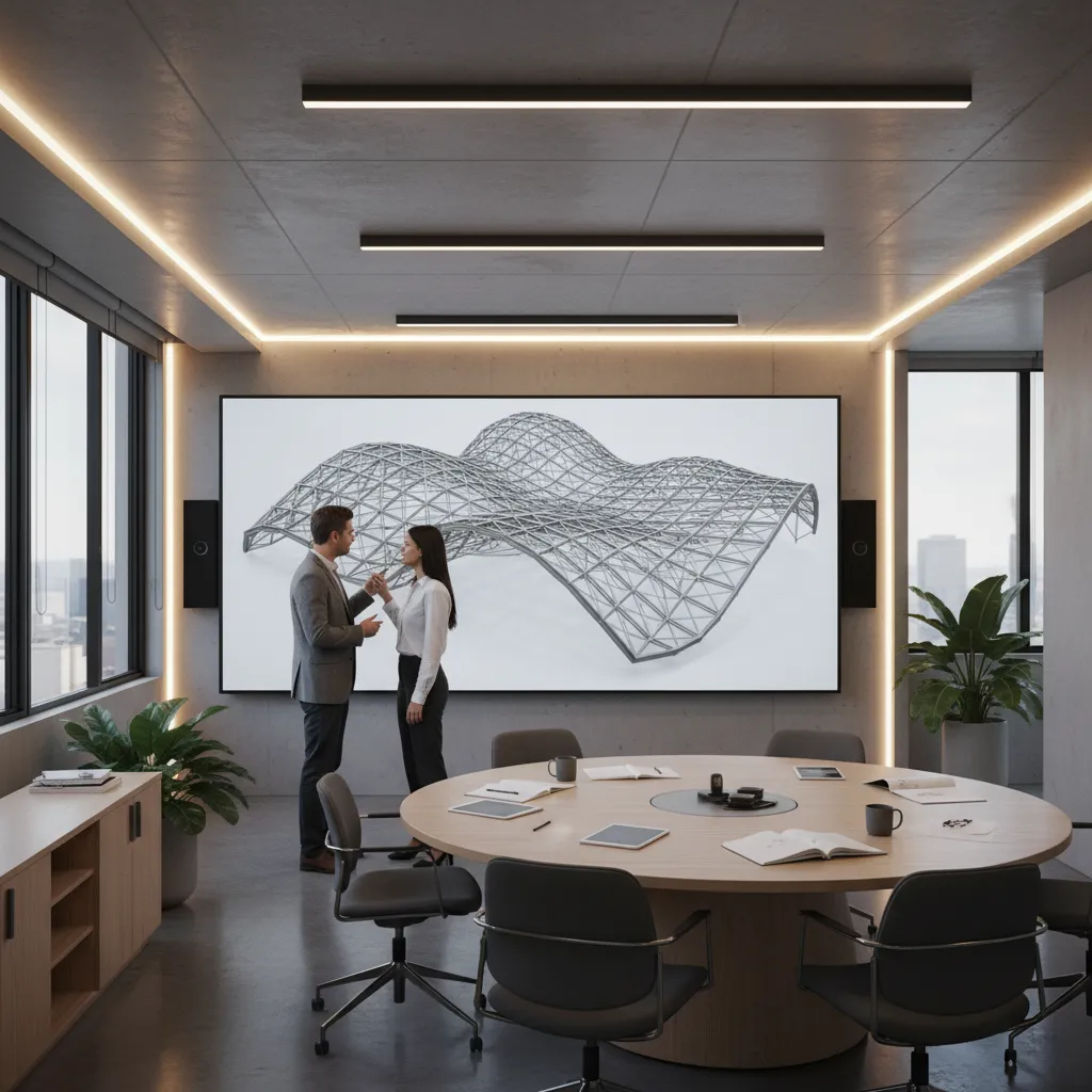 Two people in an office meeting room discussing a 3D interior design drawing on screen