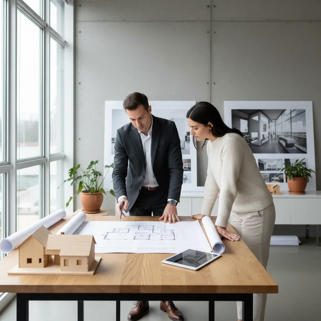 Two people looking at house floor plan on table with small house model in office