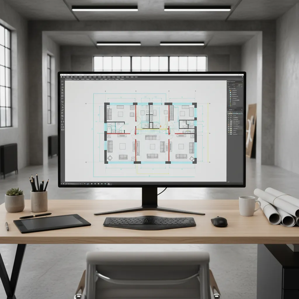 Architect working with a detailed CAD floor plan before converting it into a 3D model