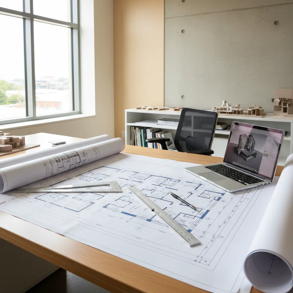 Architect reviewing printed floor plan drawings on large desk workspace