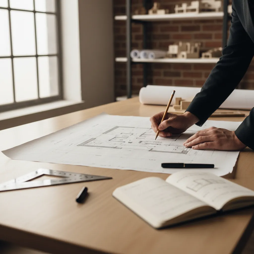 Arquitecto dibujando boceto de plano de casa en papel