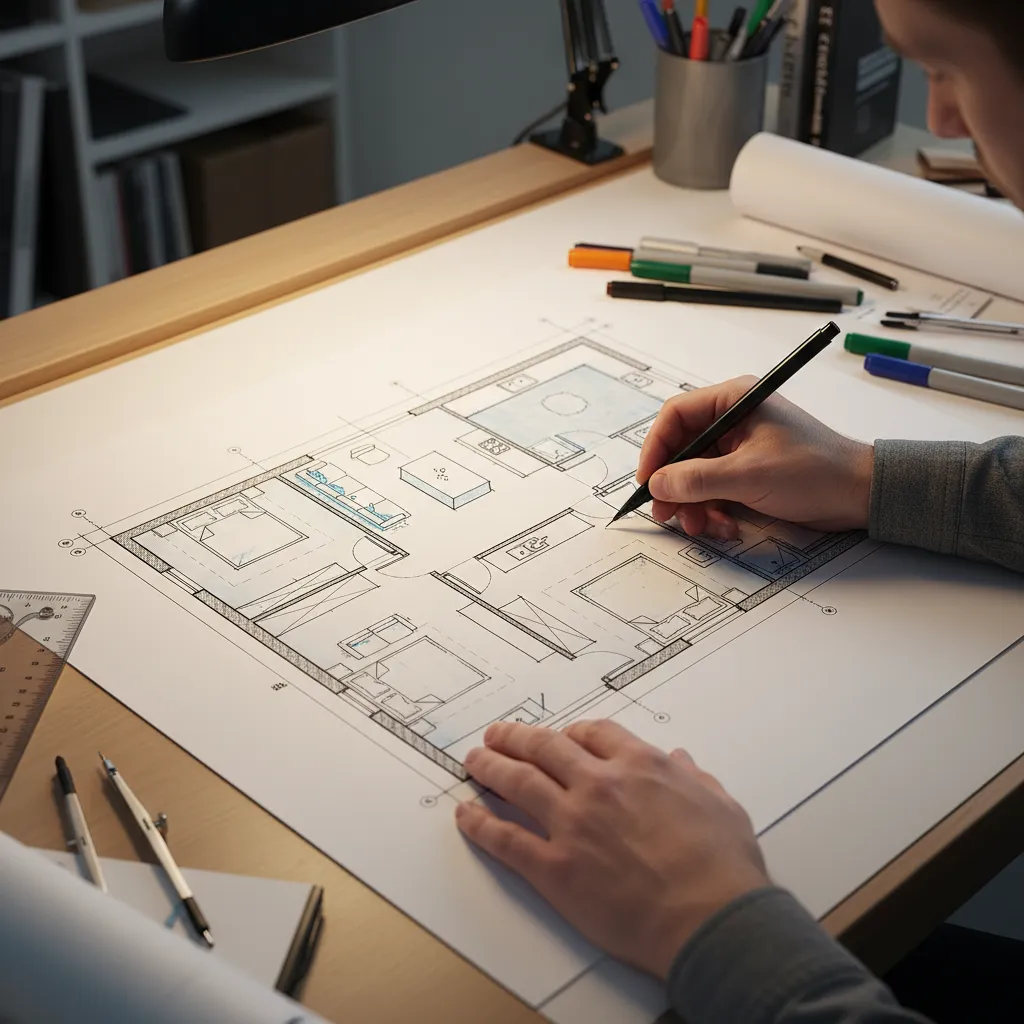 architect hand drawing and rendering a floor plan using pens and markers