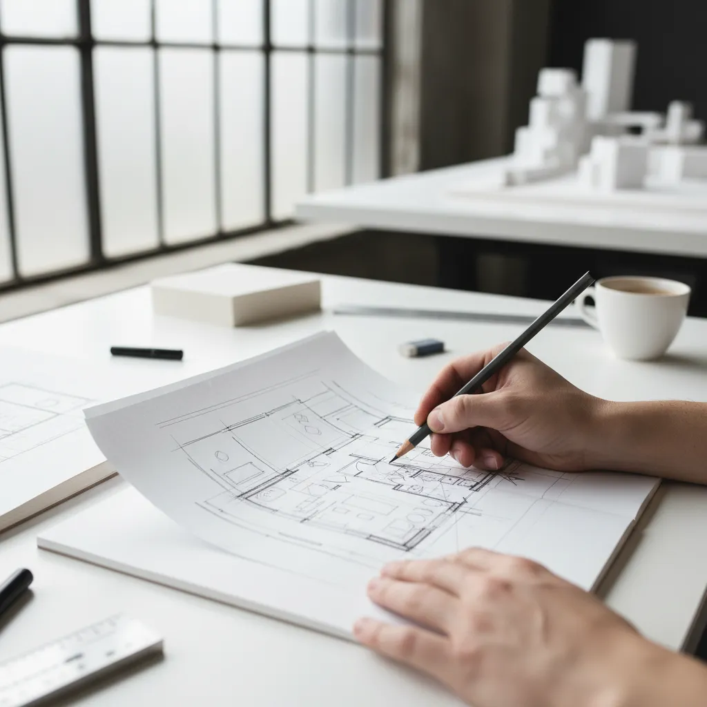 Close up of person sketching house floor plan with pencil on paper in bright office