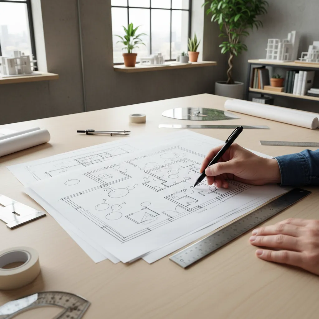 Architect drawing a conceptual hand rendered floor plan with pen and tracing paper