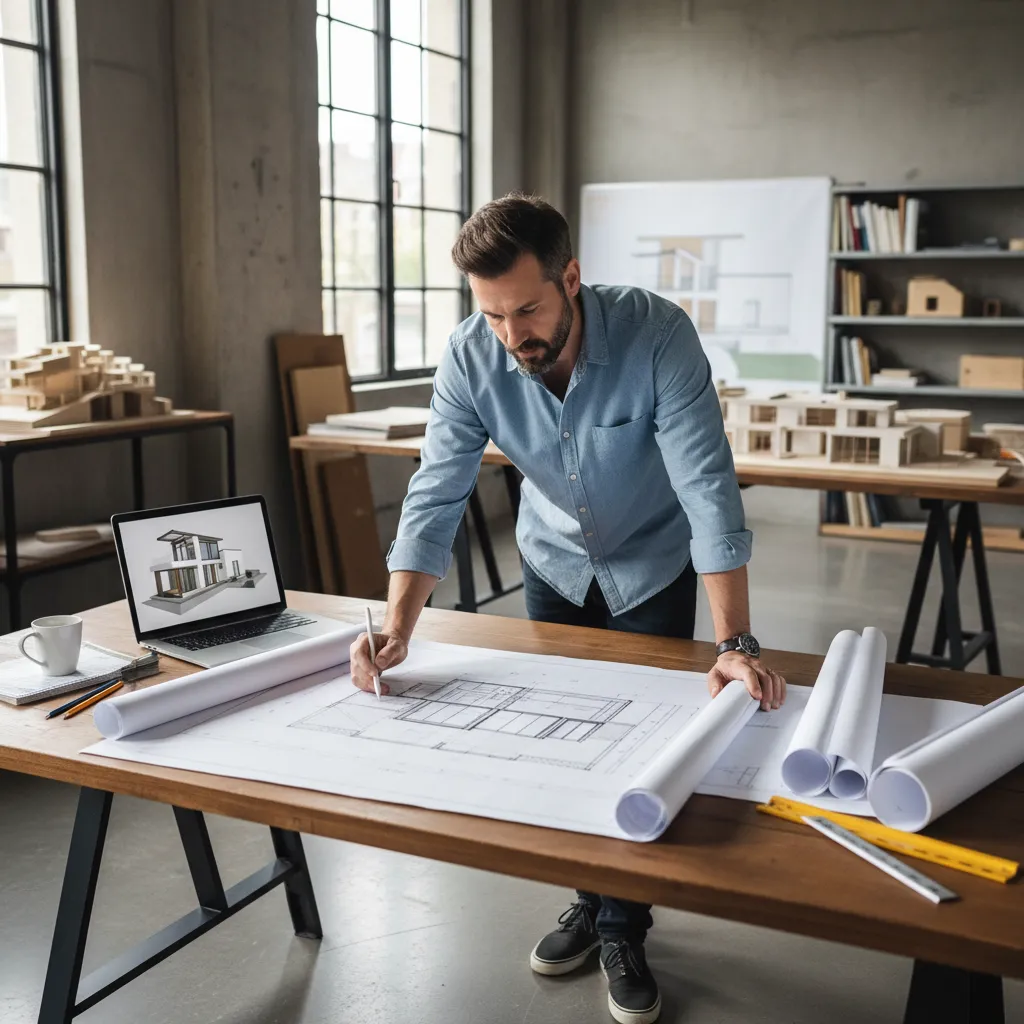 Arquitecto revisando planos de una casa moderna