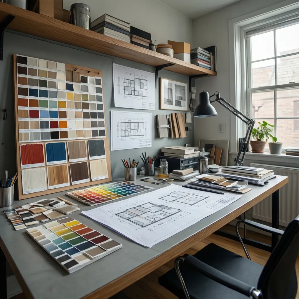 Architect reviewing interior wall colors and paint samples in modern office studio