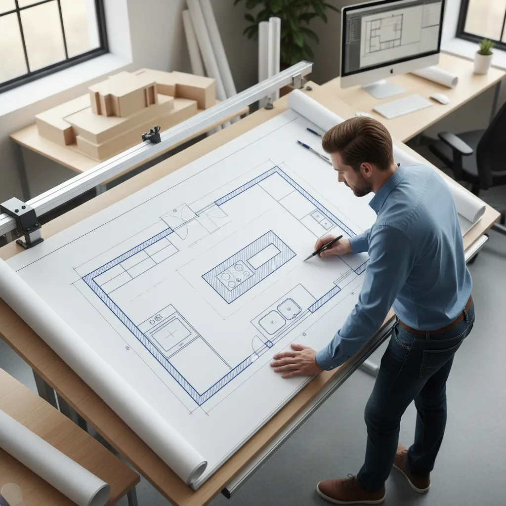 Architect reviewing a kitchen floor plan with appliance symbols