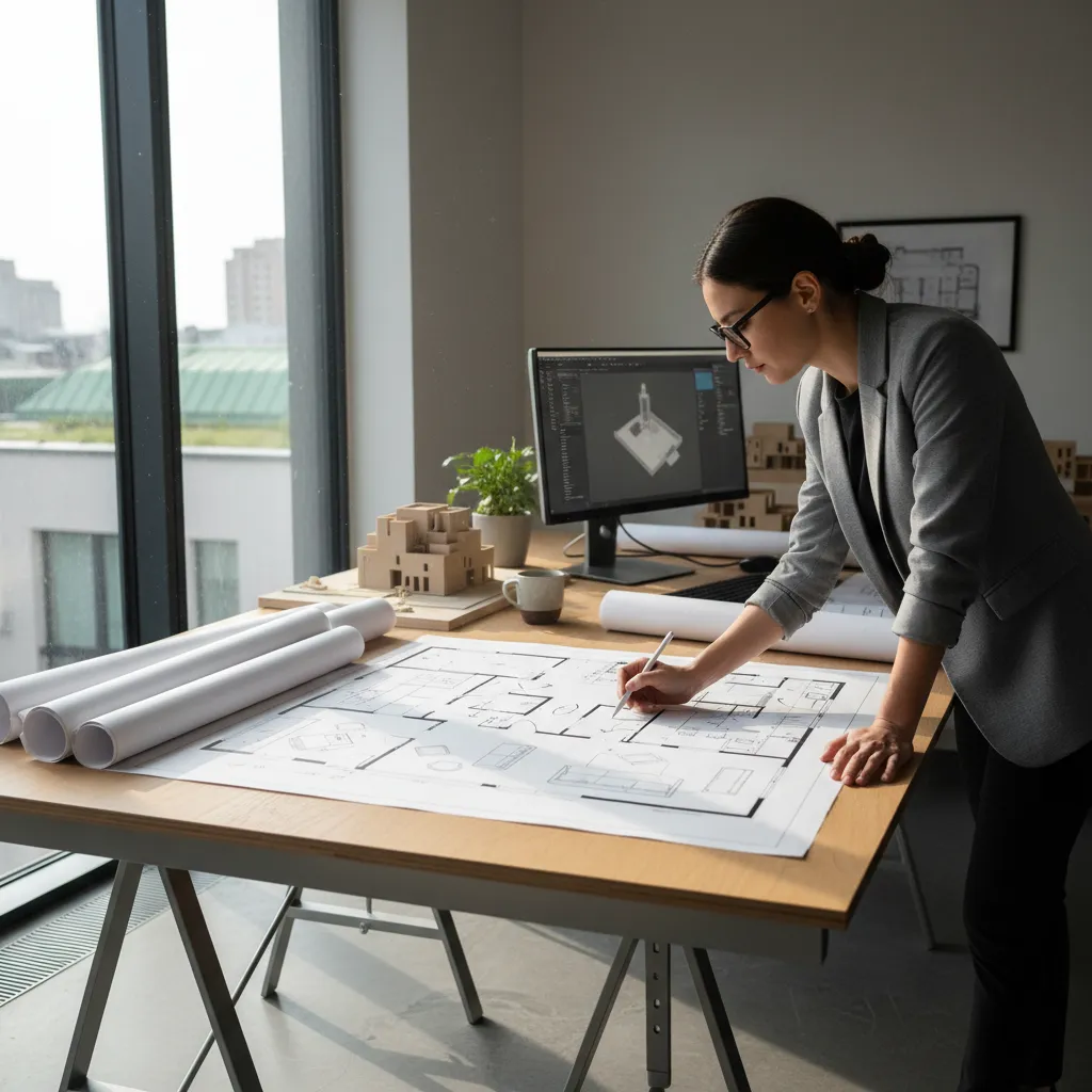 Architect planning living room furniture layout on floor plan