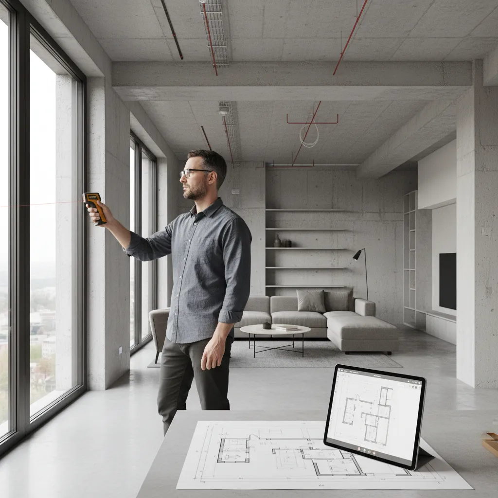 architect measuring interior room dimensions with laser distance meter for floor plan recreation