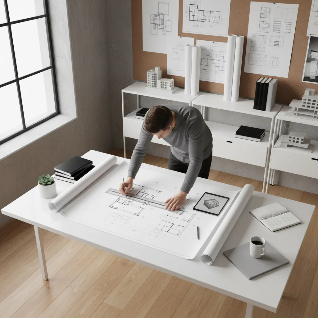 Architect reviewing floor plan and calculating interior floor area on a desk