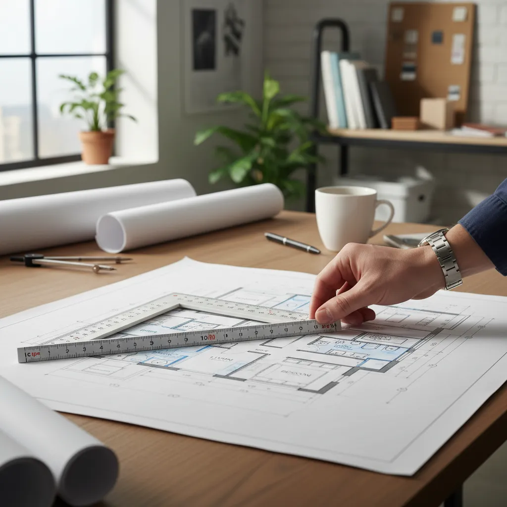 Architect measuring a residential floor plan using an architectural scale ruler