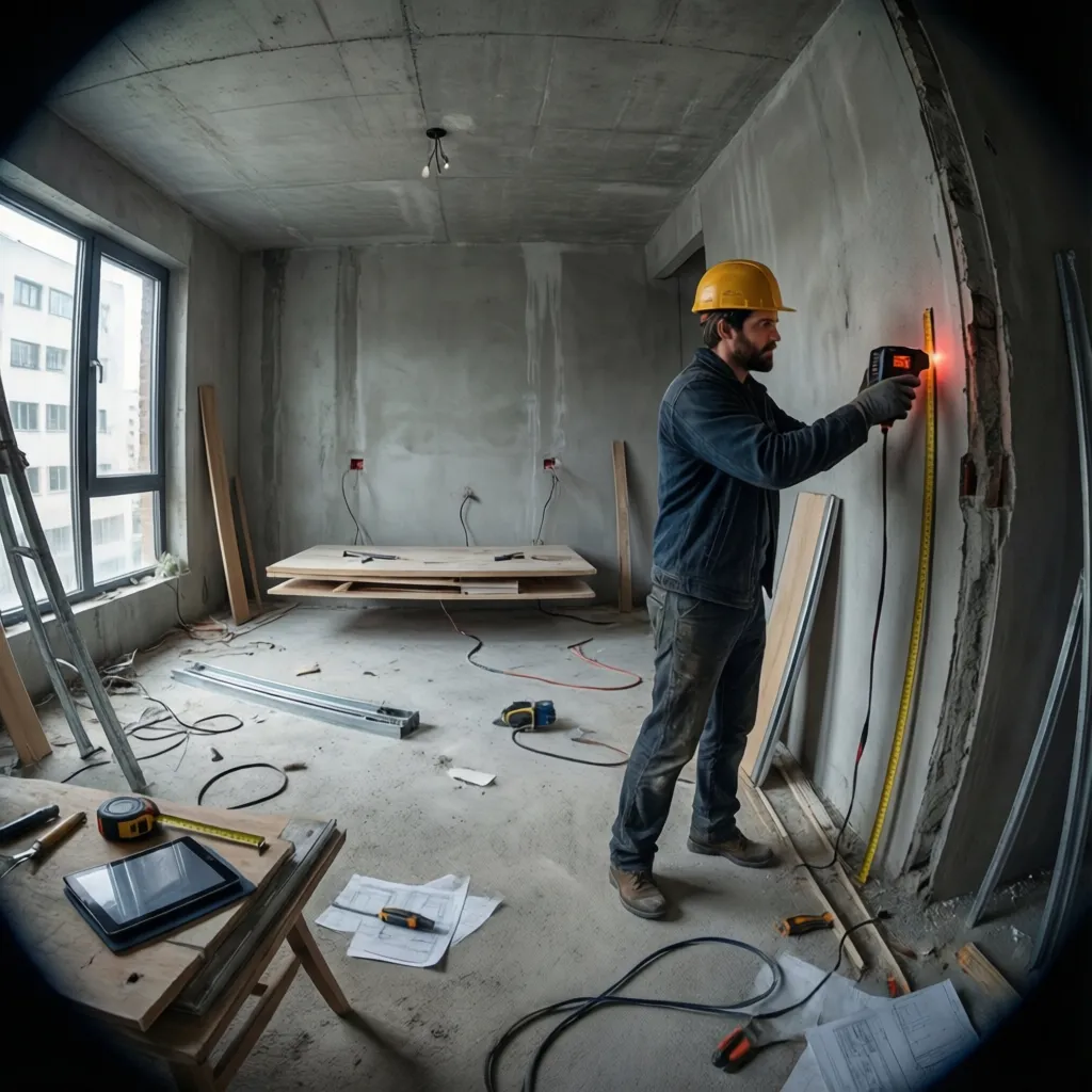 Architect measuring an empty renovation space using a laser distance meter