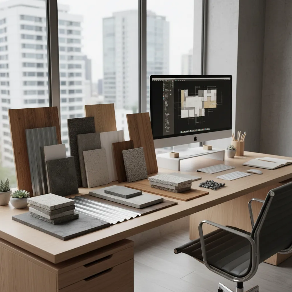 Architect comparing metal roofing samples with siding and stone materials